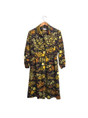 Vintage 60s 70s Sacony Ciella Floral Print Shirt Dress L Mod A-Line Secretary